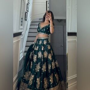 Green Sequin Embroidered Satin Silk Lehenga Set Indian Wedding Guest Dress